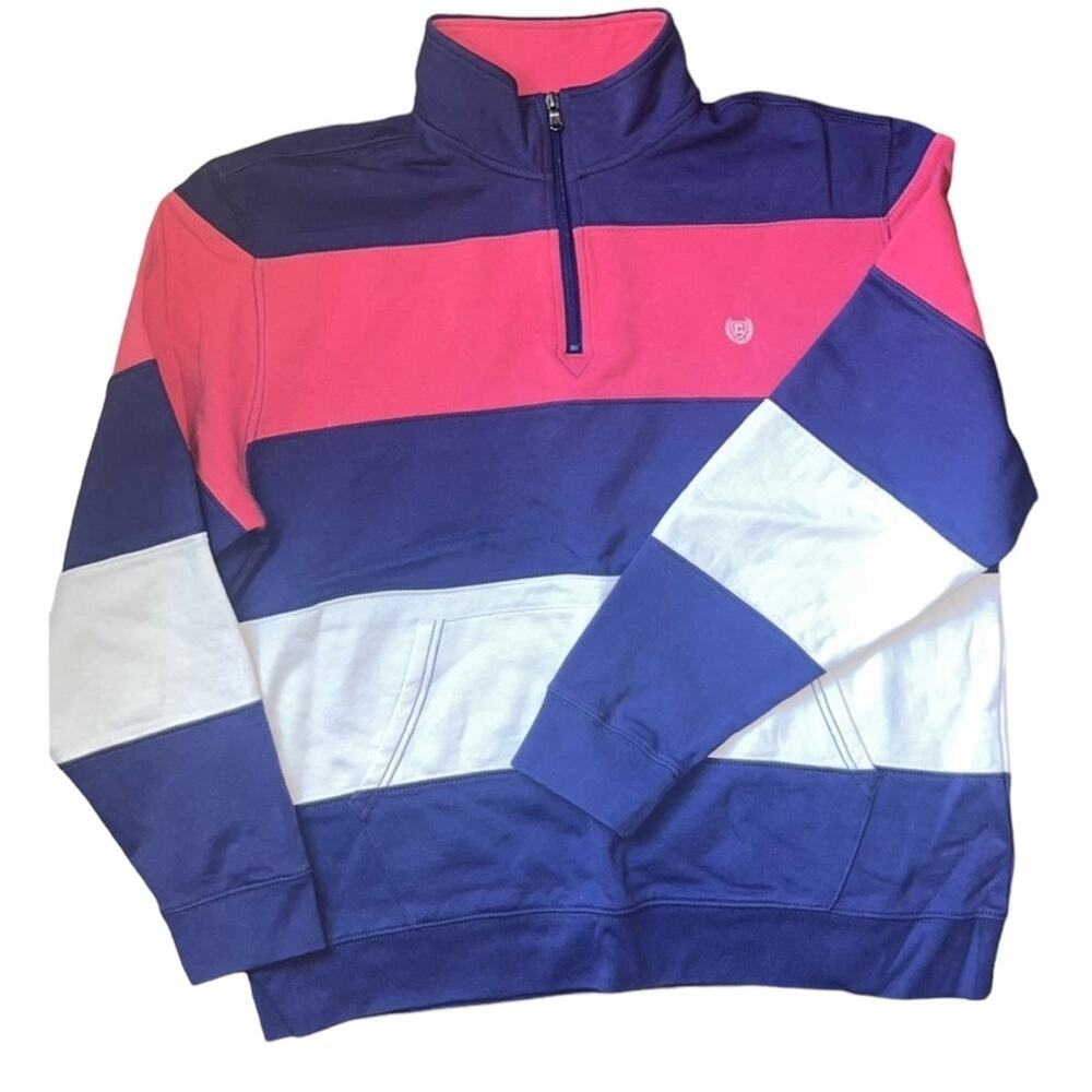 Chaps Pullover Fleece Mens Size XXL Pink Blue White Striped Comfy 1/4 Zip